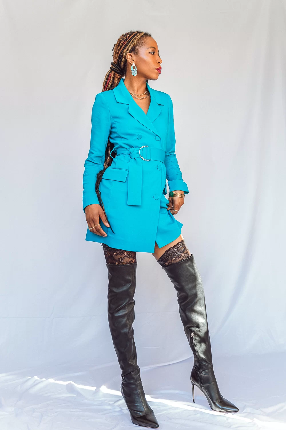 OOTD: Styling Blazer Dress With Thigh High Boots and Tights