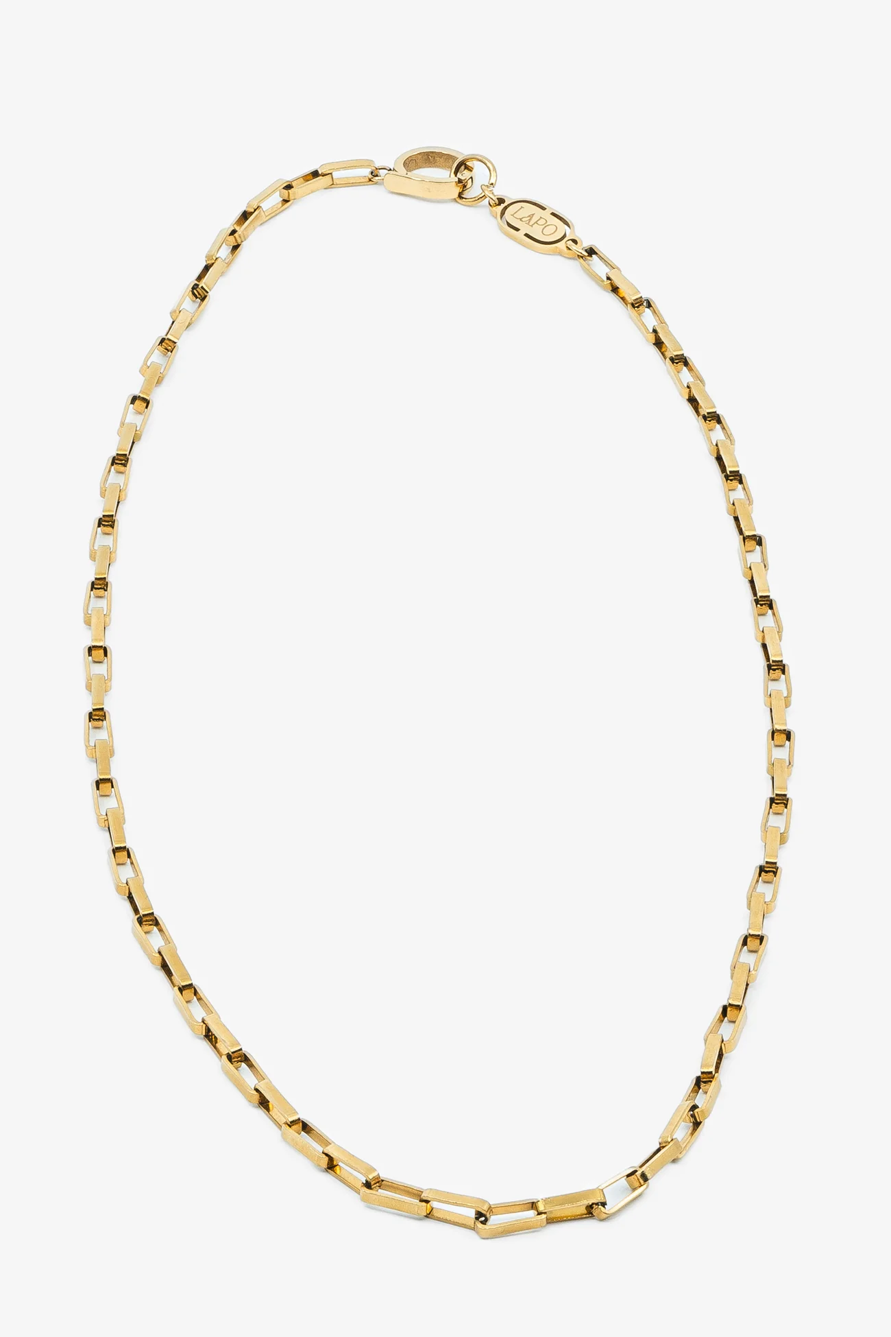 Lapo Lounge Cipher Gold Necklace – A minimalist geometric chain necklace featuring interlocking rectangular links with 18K PVD gold plating.