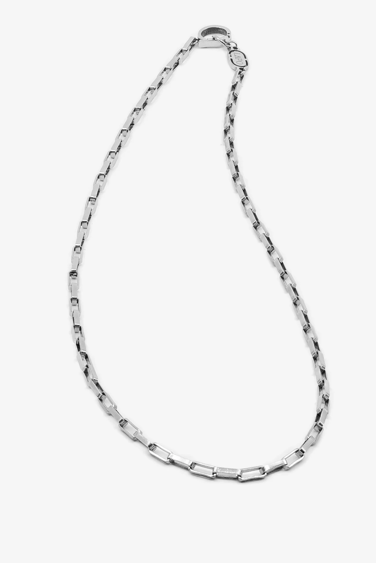 Lapo Lounge Cipher Silver Necklace – A minimalist geometric chain necklace featuring interlocking rectangular links made from recycled stainless steel.