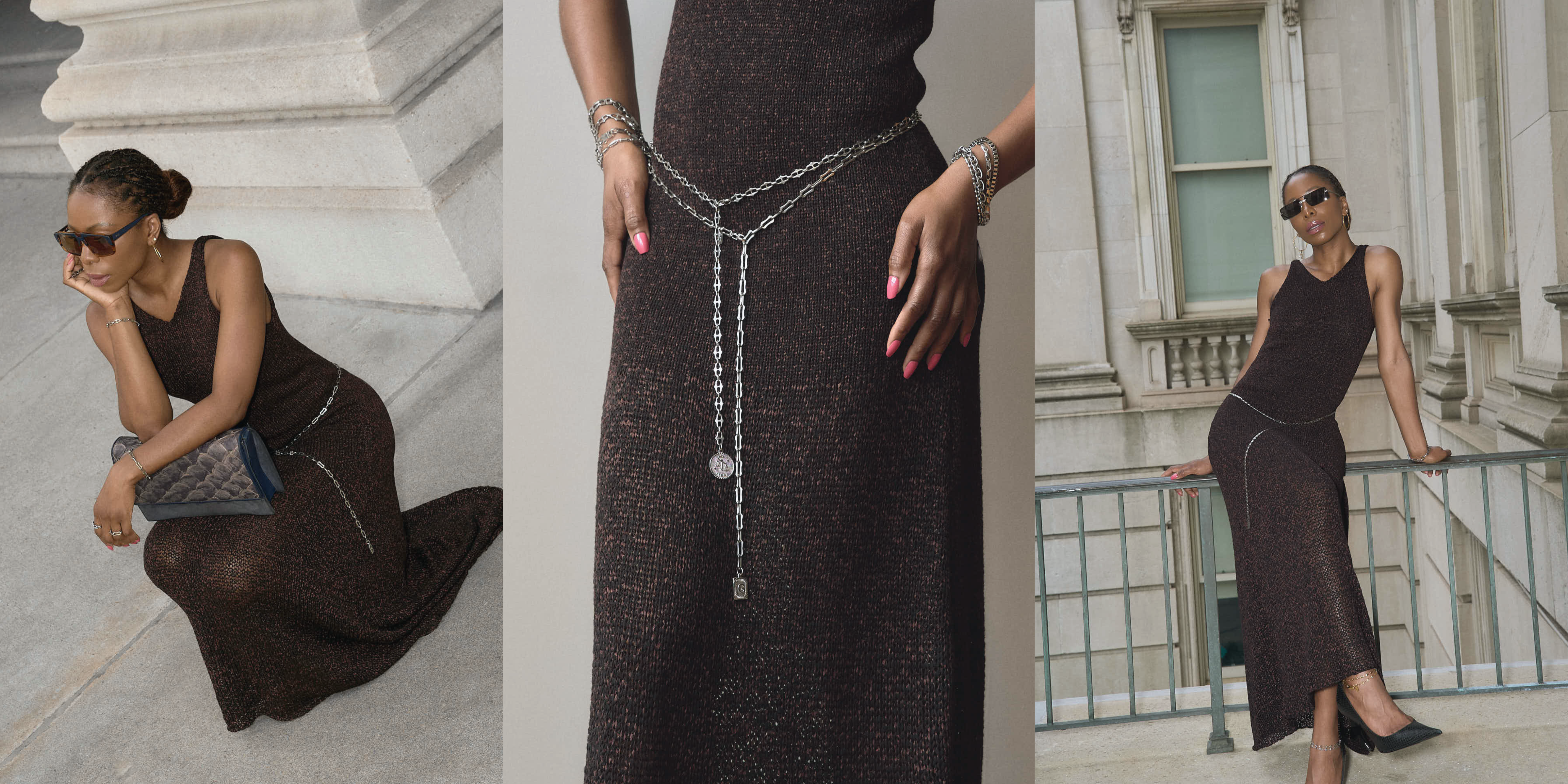 A woman wearing a sleeveless,brown maxi knit dress. The dress is cinched at the waist with a simple lapo lounge silver chain belt. She is also carrying a navy blue clutch and wearing black stiletto heels, sunglasses, and delicate silver jewelry. The background is a large, classical building with stone columns in FiDi NYC.